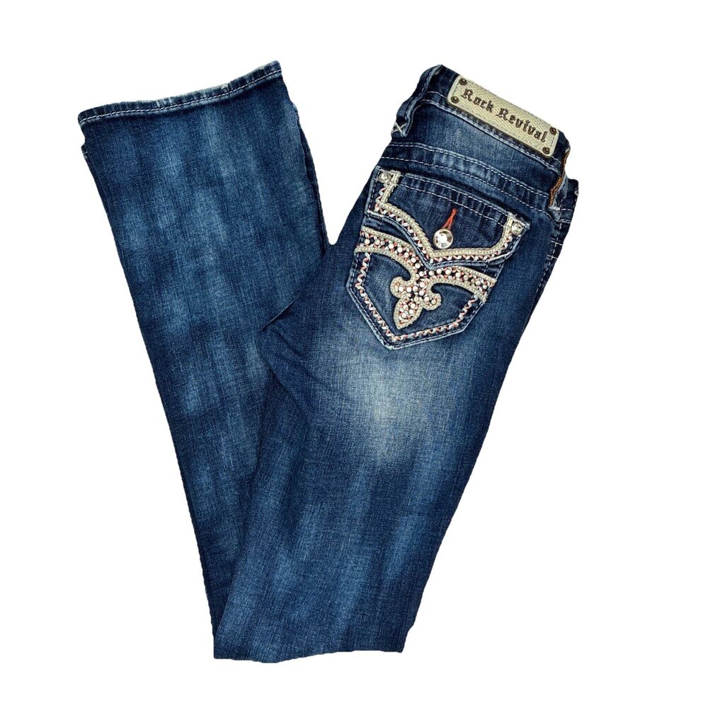 Y2K Rock Revival Esther Blue Rhinestone Mid-Rise Boot Jeans Sz 24 Festival Bling
